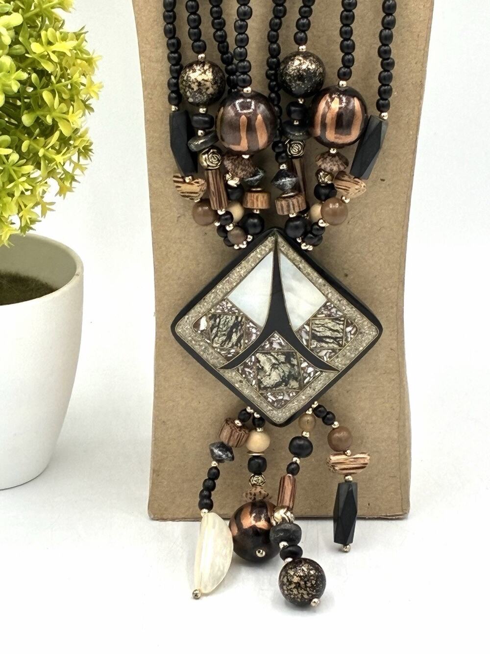 Boho Multi Strand Bead Necklace Large Geometric Pendant Wood Black Brown 24”